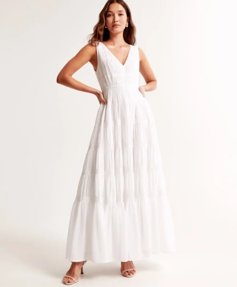 Abercrombie & Fitch White Plunge Lace Tiered Boho Maxi Dress Medium Tall MT
